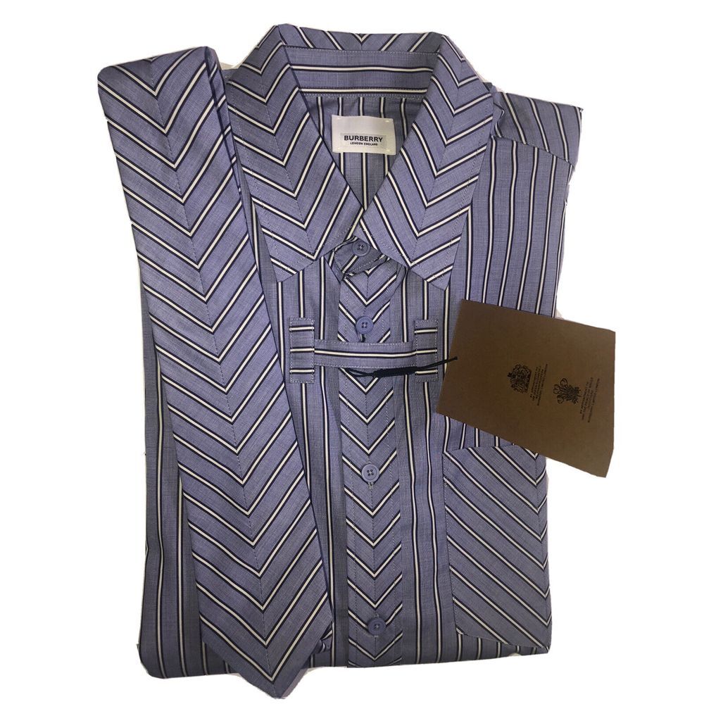 Burberry Shirt And Tie Set 15.5 39‎ Pale Blue Chevron Stripe Made In Italy NEW